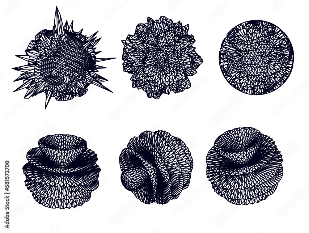 Leinwandbilder distorted spheres and blobs made of mesh. set of abstract vector 3d shapes for cover or poster desig