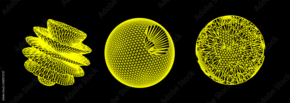 Fototapete distorted spheres and blobs made of mesh. set of abstract vector 3d shapes for cover or poster desig