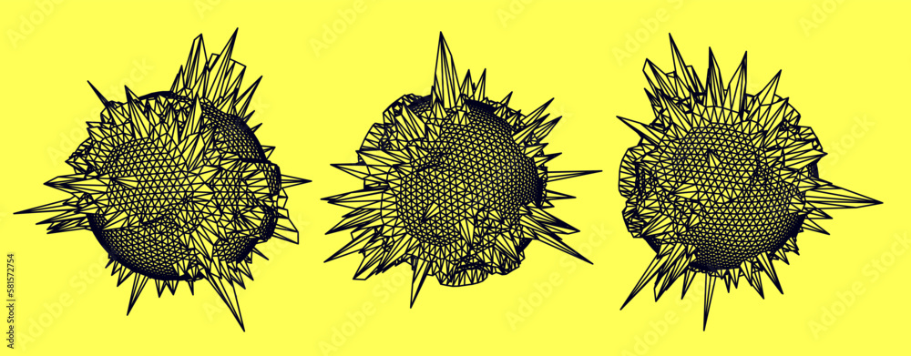 Aufkleber Distorted spheres and blobs made of mesh.  Set of abstract vector 3D shapes for cover or poster design. 