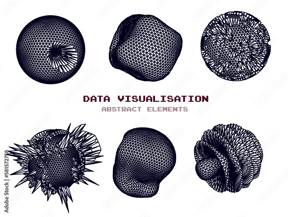 Fototapete distorted spheres and blobs made of mesh. set of abstract vector 3d shapes for cover or poster desig