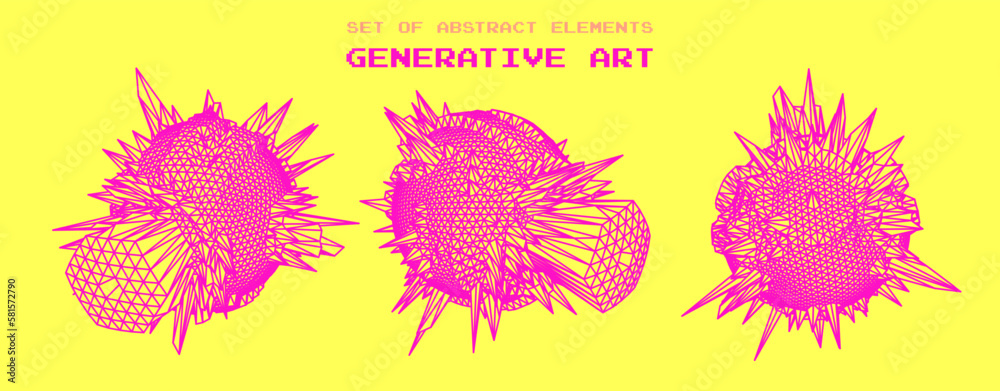 Fototapete distorted spheres and blobs made of mesh. set of abstract vector 3d shapes for cover or poster desig