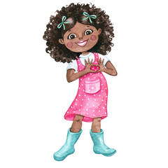 A cute little girl with hands in heart shape , watercolor illustration