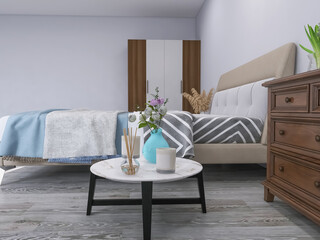 Bedroom interior design 3d render, 3d illustration