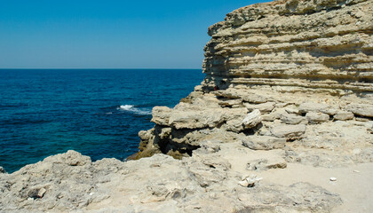 Steep karst limestone shores and rocks in the Dzhangul tract, western Crimea, Tarkhankut