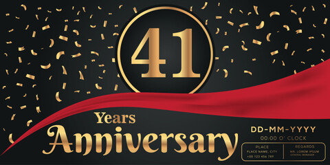 41st years anniversary celebration logo on dark background with golden numbers and golden abstract confetti vector design  