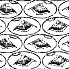 Vector seamless pattern with hand drawn graceful pelicans in nautical rope frames. Ink drawing, decorative graphic style. Beautiful animal design elements, perfect for prints and patterns
