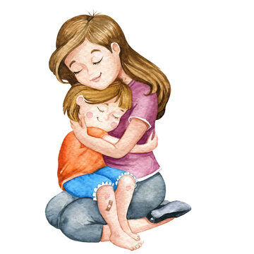 Mother and daughter watercolor illustration, parenting, love