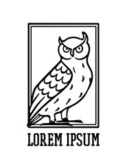 Vector card with hand drawn funny Eagle Owl in an austere frame. Ink drawing, decorative cartoon style. Beautiful animal design elements, logo template 
