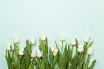Obraz na płótnie Canvas White tulips on color background, top view