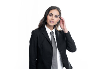 Fototapeta premium Elegant young businesswoman on white studio background. Portrait of a beautiful business woman. Female business model face.