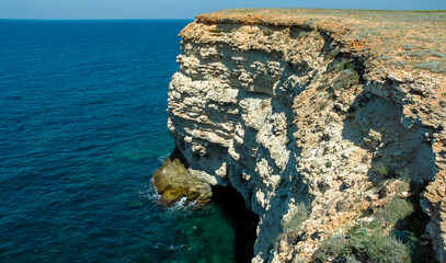 Steep karst limestone shores and rocks in the Dzhangul tract, western Crimea, Tarkhankut