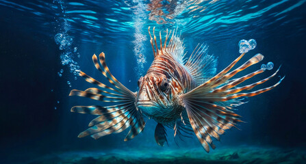 Naklejka na ściany i meble Lionfish in turquoise caribbean waters at golden hour. Front angle view. Horizontal illustration. Generative AI