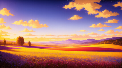 Field of yellow and purple grass set against a warm sunset, and gathering clouds. Generative AI