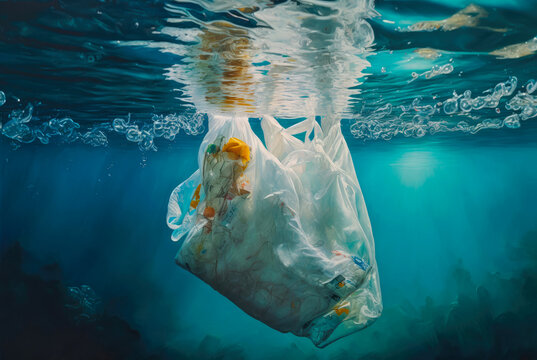 Garbage bag drifting underwater in the ocean. Help keep our oceans clean concept. Horizontal illustration. Generative AI