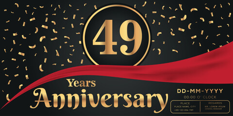 49th years anniversary celebration logo on dark background with golden numbers and golden abstract confetti vector design  