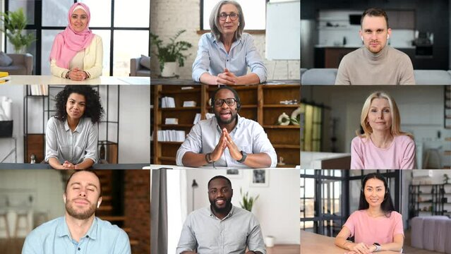 Online webinar concept. Video chat of several diverse people. Splash video screen with a group of multiracial employees, brainstorm online, diverse workteam talking on the distance, collage