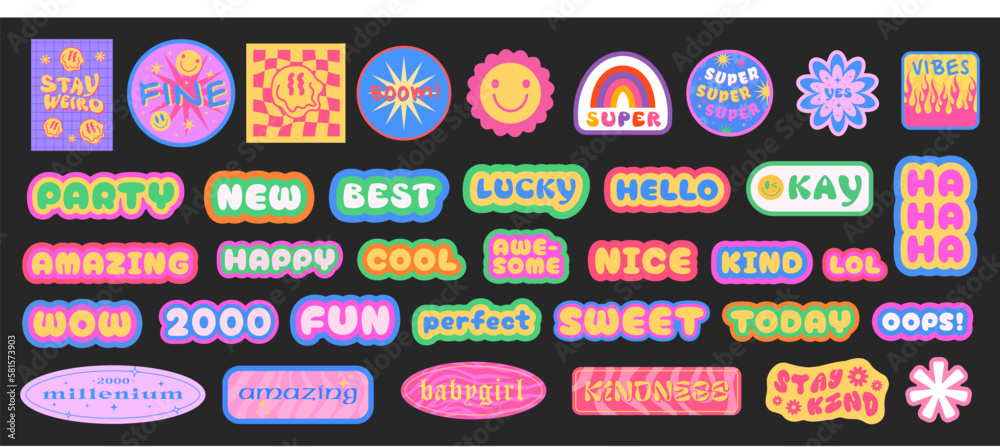 Aufkleber cool y2k stickers vector pack. set of trendy groovy patches. pop art smile emoji labels. vaporwave 2