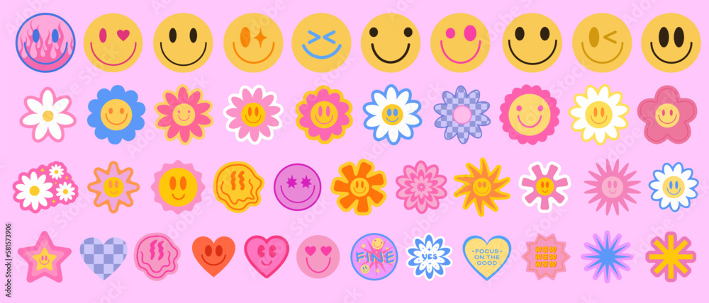 Poster cool y2k stickers vector pack. set of trendy groovy patches. pop art smile emoji labels. vaporwave 2