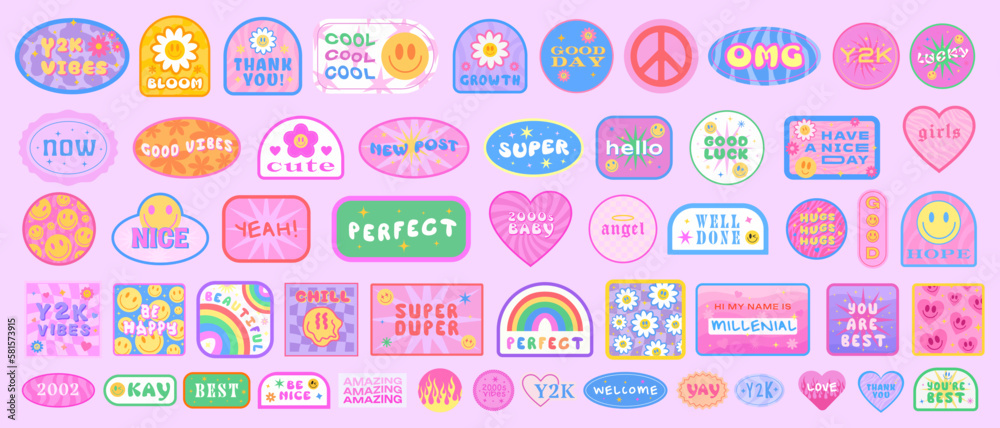 Poster cool y2k stickers vector pack. set of trendy groovy patches. pop art smile emoji labels. vaporwave 2