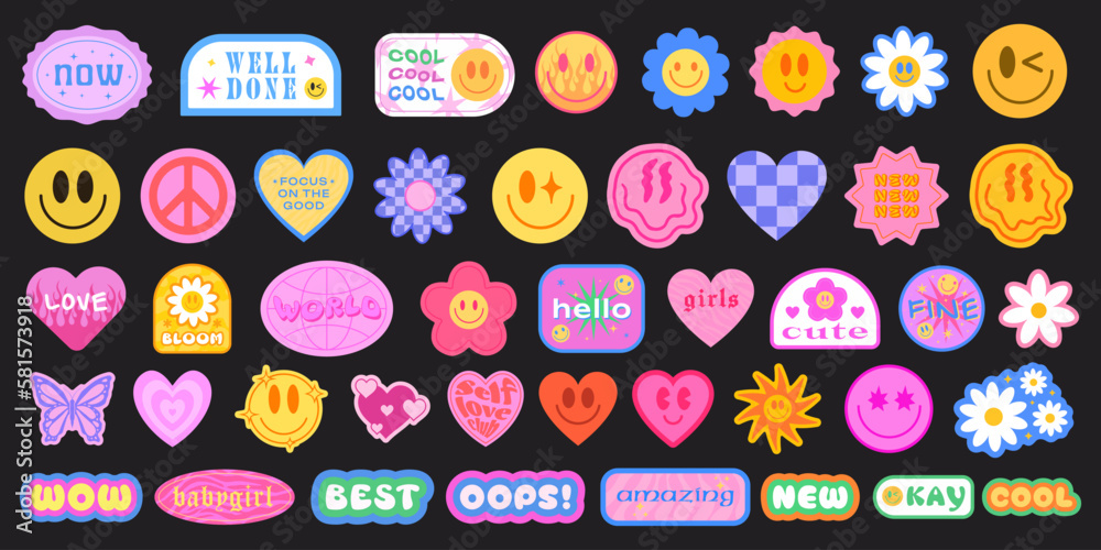 Poster cool y2k stickers vector pack. set of trendy groovy patches. pop art smile emoji labels. vaporwave 2