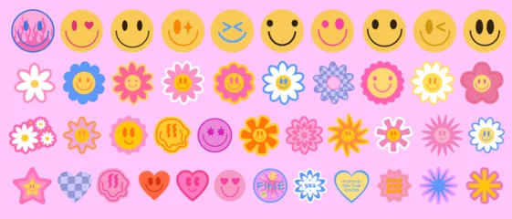 Foto op Plexiglas Cool Y2K Stickers Vector Pack. Set of Trendy Groovy Patches. Pop Art Smile Emoji Labels. Vaporwave 2000s Graphics. © t1m0n344
