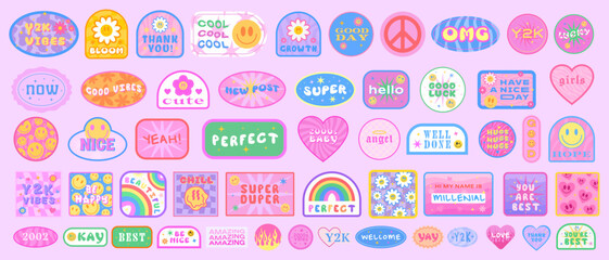 Cool Y2K Stickers Vector Pack. Set of Trendy Groovy Patches. Pop Art Smile Emoji Labels. Vaporwave 2000s Graphics.
