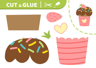 Chocolate cupcake with strawberry. Cut and glue. Easter cupcake. Applique. Paper game. Vector