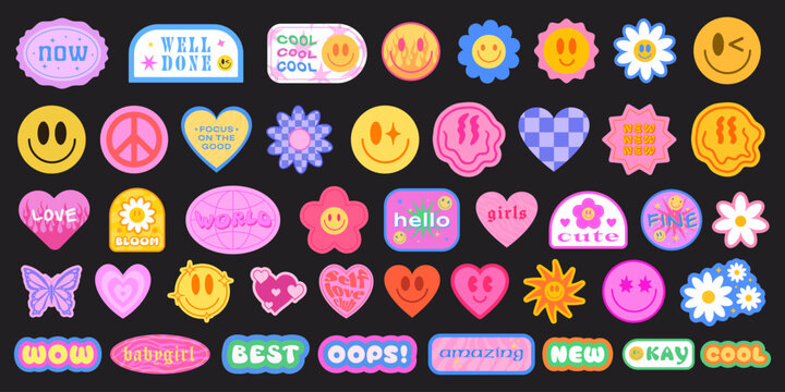 Set of Y2K aesthetic stickers and labels, vector illustrations