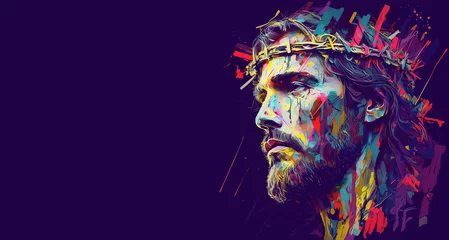 Fotobehang Colorful Abstract portrait Jesus Impasto painting art. Banner Christ in a crown of thorns pop art poster easter holiday and good friday copy space. Generative ai © Iaroslav