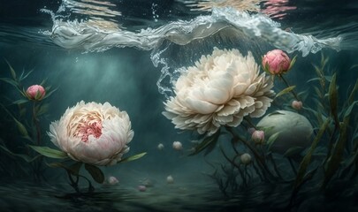 Peony flowers under water close up ai generative