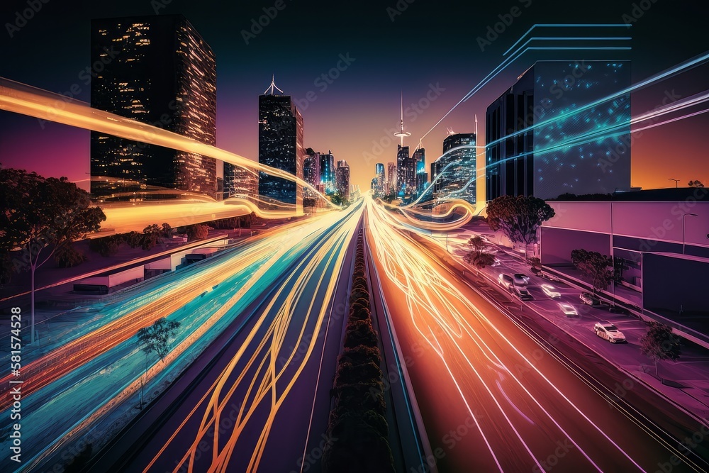Aufkleber smart digital city with high speed light trail of cars of digital data transfer ai generated