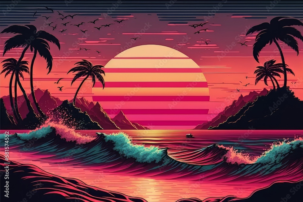 Aufkleber retro futuristic synthwave style sunset at the beach colorful background with super moon behind it, 