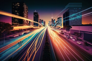 Fototapeta premium Smart digital city with high speed light trail of cars of digital data transfer ai generated