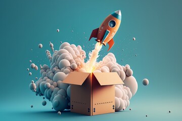 Rocket taking off from cardboard box on blue background, Generative ai