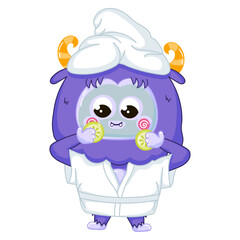 Funny Yeti mascot character applying cosmetic face mask, skin care or spa themed cute cartoon for children
