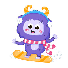 Funny Yeti mascot character snowboarding, winter sport outdoor activity themed cute cartoon for children