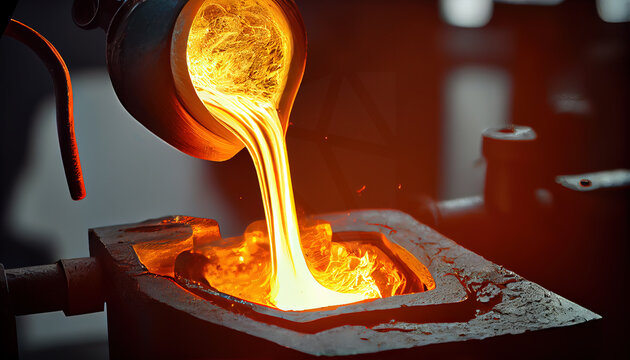 Liquid gold poured into graphite casting form from furnace, ai generated