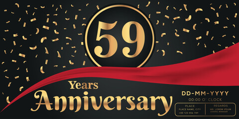 59th years anniversary celebration logo on dark background with golden numbers and golden abstract confetti vector design  