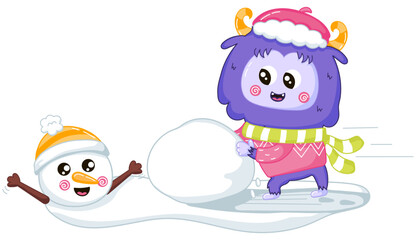 Funny Yeti mascot character playing and making snowman friend, winter outdoor activity themed cute cartoon for children