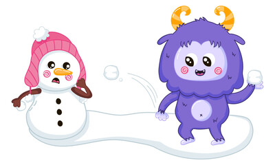 Funny Yeti mascot character playing with snowman friend, snowball fight, winter outdoor activity themed cute cartoon for children