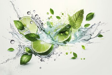 Fototapeta na wymiar Fresh limes, mint leaves, ice cubes and water splashes, isolated on white background. Generative ai