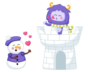 Funny Yeti mascot character blowing kiss to snowman which sing love song, acting like romeo and juliet, winter castle or kingdom themed cute cartoon for children