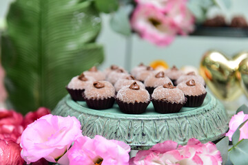 brigadeiro with chocolate cream on candy table, birthday party, candy store,  condensed milk candy balls, candy balls