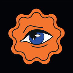 Eye in circle. Vector y2k, groovy hand drawn icon, illustration. Good vibes only orange sticker isolated on black background