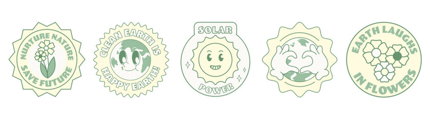 Save the planet in trendy retro cartoon style. Stickers for Earth Day. World Environment Day. Cute earth mascot.	