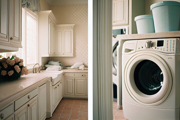 modern kitchen and bathroom interior with white washing and drying machines at sunny day, ai generated