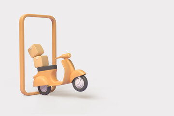 3D mobile phone frame, delivery service scooter and cardboard boxes for parcels. fast delivery service concept. purchases in the online store. 3d rendering