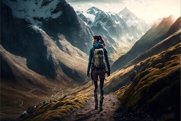 Conquering the Peaks: Inspiring Photo of a Hiker Pushing Through the Challenge of a Mountain Hike. Hiking. Background or wallpaper. Generative AI.