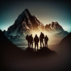  Teamwork and Adventure: Group of People Hiking Together in the Mountains. Mountain Hike. Hiking. Background or wallpaper. Generative AI.