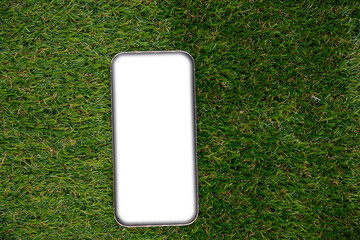 The smartphone is turned off and lies on the green grass